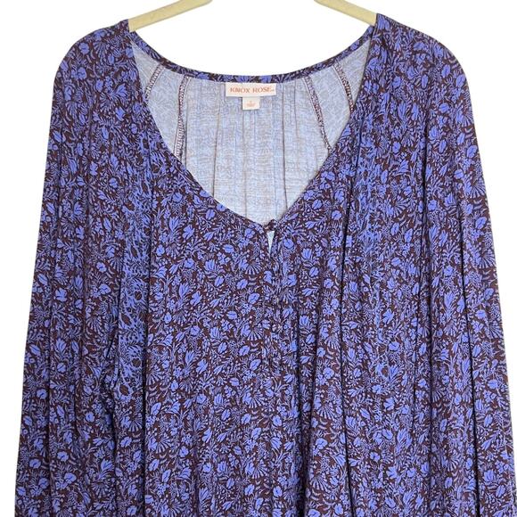 Knox Rose Womens Knit Tunic Size Large Blue Floral Long Sleeve Scoop Neck flaw - Picture 2 of 7